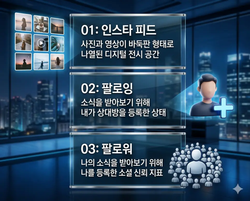 인스타 피드, 팔로잉, 팔로워 뜻의 정의와 디지털 전시, 관심사 구독, 소셜 영향력의 핵심 내용을 정리한 영화 포스터 스타일 인포그래픽