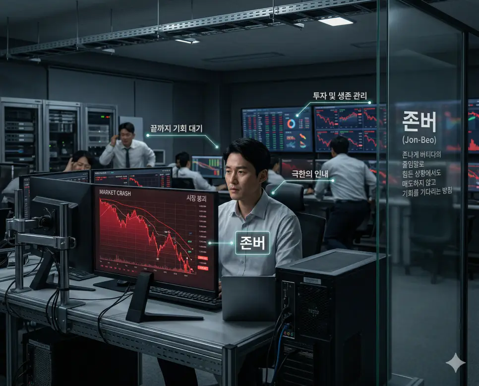 역주행 뜻, 존버 뜻, 익절 뜻: 차트의 재발견과 극한의 인내 및 수익 확정 정리 2 존버 뜻을 통해 힘든 상황에서도 매도하지 않고 끝까지 기회를 기다리는 극한의 인내와 생존 관리 방침을 시각화한 실사 이미지