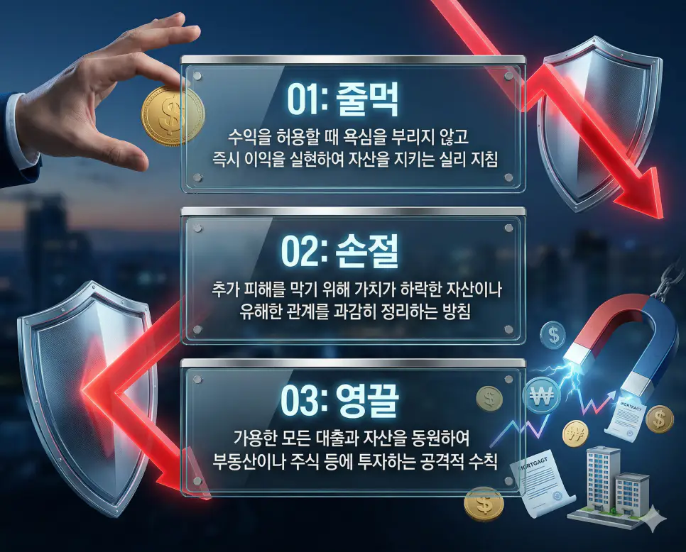 줄먹 뜻, 손절 뜻, 영끌 뜻: 적시 수익 확보와 결단력 있는 포기 및 극한 자금 동원 정리 4 줄먹, 손절, 영끌 뜻의 정의와 적시 수익 확보, 결단력 있는 포기, 극한의 자금 동원 핵심 내용을 정리한 영화 포스터 스타일 인포그래픽