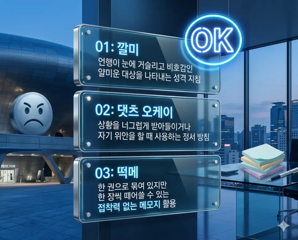깔미, 댓츠 오케이, 떡메 뜻의 정의와 얄미운 대상, 수용과 긍정, 낱장 메모지의 핵심 내용을 정리한 영화 포스터 스타일 인포그래픽