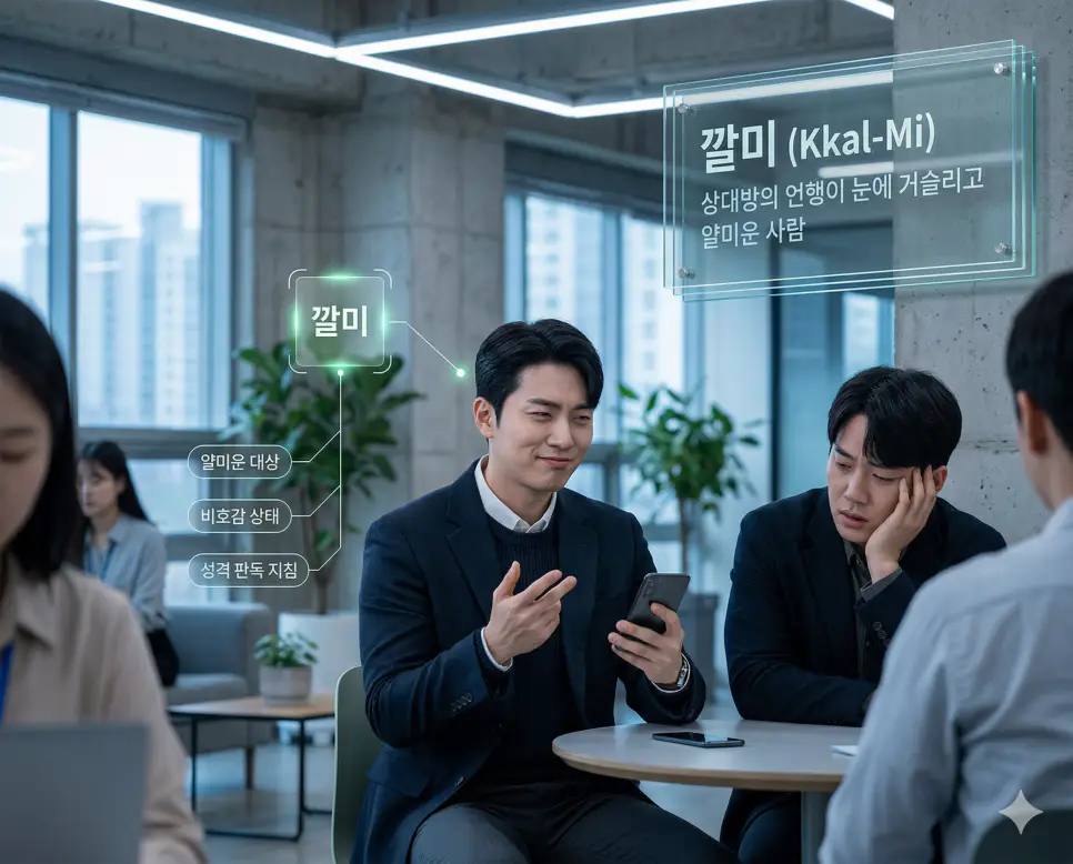 깔미 뜻을 통해 상대방의 언행이 거슬리고 비호감인 얄미운 대상을 나타내는 한국의 성격 판독 지침을 시각화한 실사 이미지