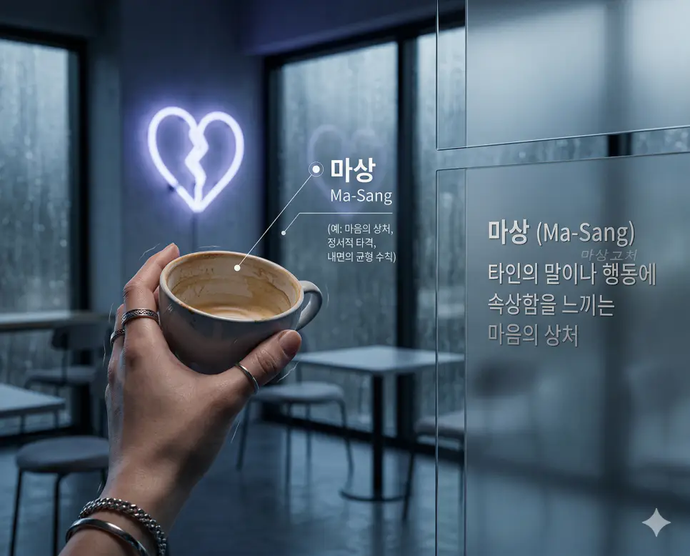 마상 뜻을 통해 타인의 말이나 행동에 속상함을 느끼는 마음의 상처와 정서적 타격을 시각화한 한국의 일상 심리 실사 이미지