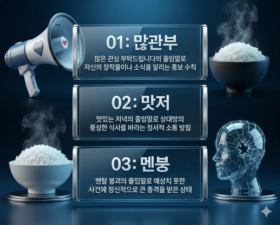 많관부 뜻, 맛저 뜻, 멘붕 뜻: 홍보와 지지 및 식사 안부와 심리적 충격 완벽 정리 4 많관부, 맛저, 멘붕 뜻의 정의와 홍보 활동 지지, 식사 안부 소통, 심리적 충격 상태의 핵심 내용을 정리한 영화 포스터 스타일 인포그래픽