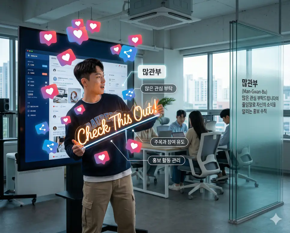 많관부 뜻, 맛저 뜻, 멘붕 뜻: 홍보와 지지 및 식사 안부와 심리적 충격 완벽 정리 1 많관부 뜻을 통해 자신의 창작물이나 소식을 알리며 타인의 참여를 유도하는 한국의 홍보 활동 관리 수칙을 시각화한 실사 이미지