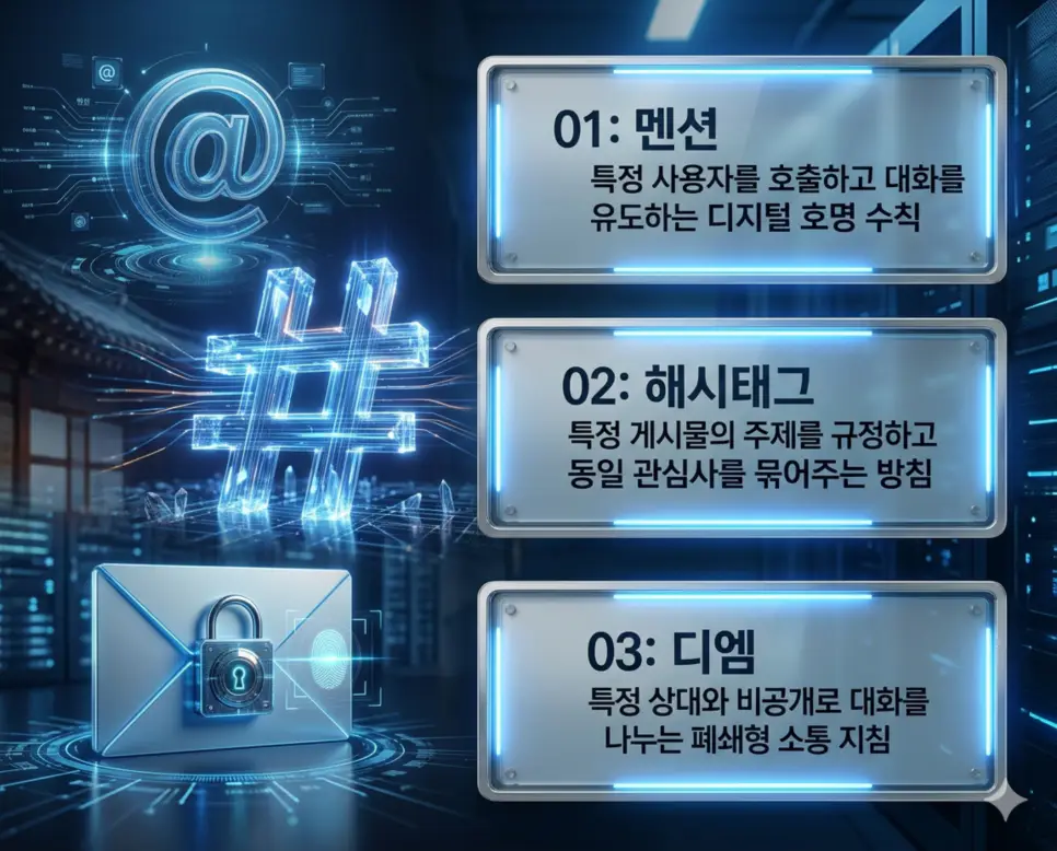멘션 뜻, 해시태그 뜻, 디엠 뜻: 지목과 분류 및 비밀 메시지 완벽 정리 4 멘션, 해시태그, 디엠 뜻의 정의와 특정 지목, 정보 분류, 비공개 소통의 핵심 내용을 정리한 영화 포스터 스타일 인포그래픽