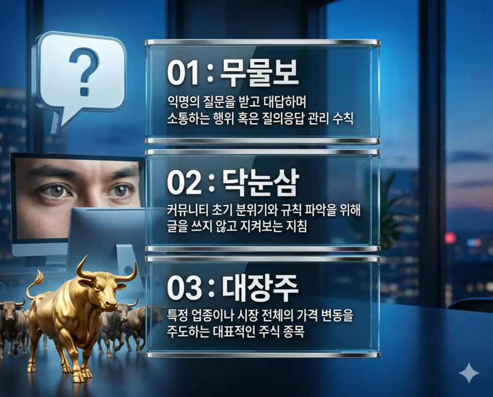 무물보 뜻, 닥눈삼 뜻, 대장주 뜻: 무엇이든 물어보살과 게시판 적응 및 주도 종목 정리 4 무물보, 닥눈삼, 대장주 뜻의 정의와 익명 소통, 게시판 적응 기간, 주식 시장 주도 종목의 핵심 내용을 정리한 영화 포스터 스타일 인포그래픽