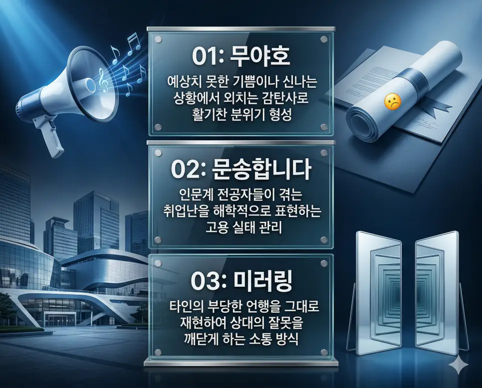 무야호 뜻, 문송합니다 뜻, 미러링 뜻: 환호와 즐거움 및 취업난 자조와 행위 재현 정리 4 무야호, 문송합니다, 미러링 뜻의 정의와 환호와 즐거움, 취업난의 자조, 행위의 재현 핵심 내용을 정리한 영화 포스터 스타일 인포그래픽