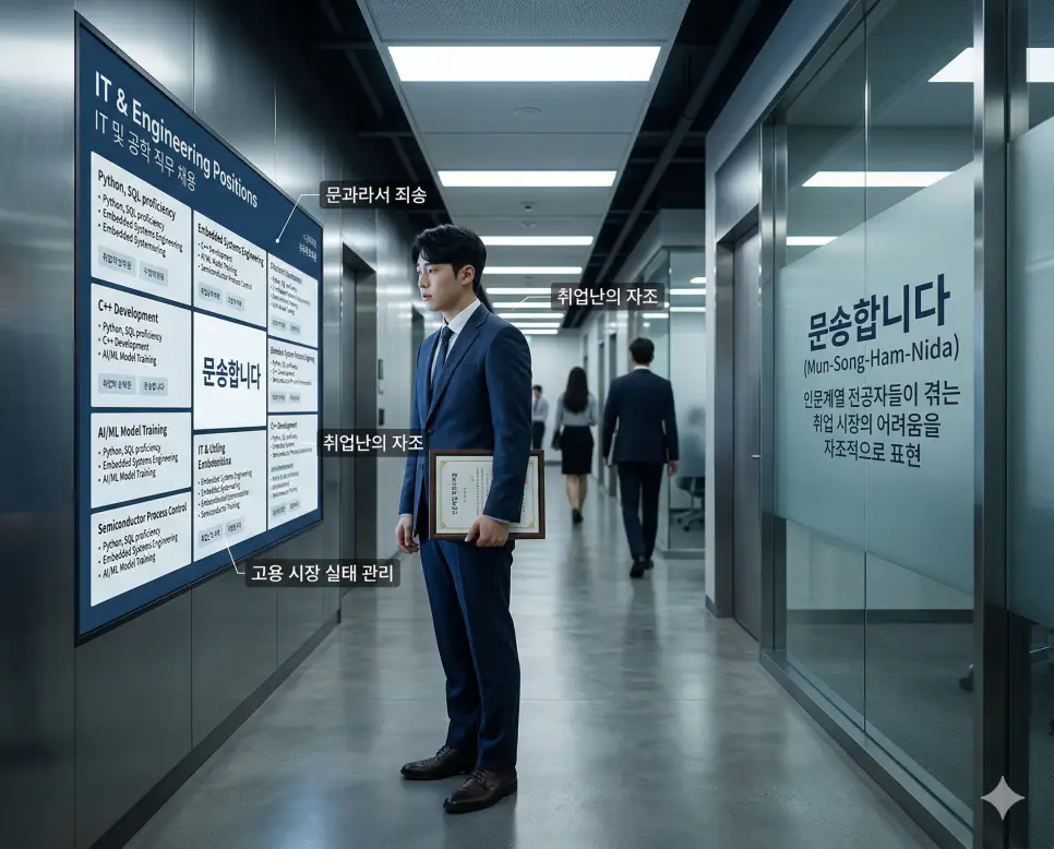 무야호 뜻, 문송합니다 뜻, 미러링 뜻: 환호와 즐거움 및 취업난 자조와 행위 재현 정리 2 문송합니다 뜻을 통해 인문계열 전공자들이 겪는 취업난의 어려움을 해학적으로 표현하는 고용 시장 실태 관리 방침을 시각화한 실사 이미지