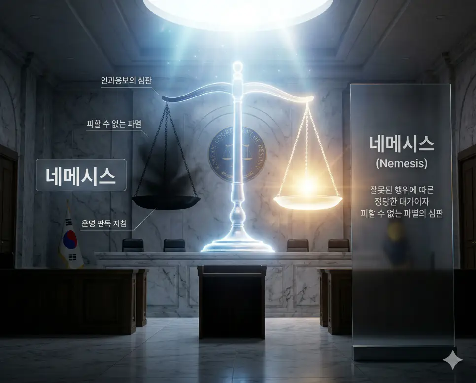 휴브리스 뜻, 네메시스 뜻, 시지프스 뜻: 오만의 비극과 인과응보 및 무한 루프 정리 2 네메시스 뜻을 통해 잘못된 행위에 따른 인과응보의 심판과 피할 수 없는 파멸을 시각화한 운명 판독 지침 실사 이미지