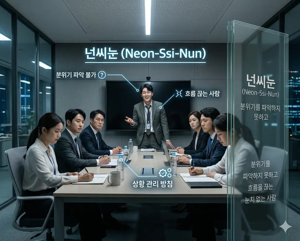 닝겐 뜻, 넌씨눈 뜻, 네타 뜻: 초월적 시선과 눈치 없는 사람 및 핵심 유출 정리 2 넌씨눈 뜻을 통해 분위기를 파악하지 못하고 흐름을 끊는 사람을 비판하는 상황 관리 방침을 실사 스타일로 시각화한 이미지