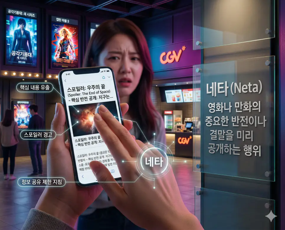 닝겐 뜻, 넌씨눈 뜻, 네타 뜻: 초월적 시선과 눈치 없는 사람 및 핵심 유출 정리 3 네타 뜻을 통해 중요한 반전이나 결말을 미리 공개하여 재미를 반감시키는 정보 공유 제한 지침을 시각화한 실사 이미지