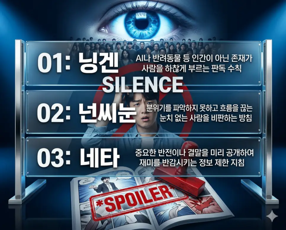 닝겐 뜻, 넌씨눈 뜻, 네타 뜻: 초월적 시선과 눈치 없는 사람 및 핵심 유출 정리 4 닝겐, 넌씨눈, 네타 뜻의 정의와 초월적 시선, 눈치 없는 행동, 핵심 내용 유출의 핵심 내용을 정리한 영화 포스터 스타일 인포그래픽