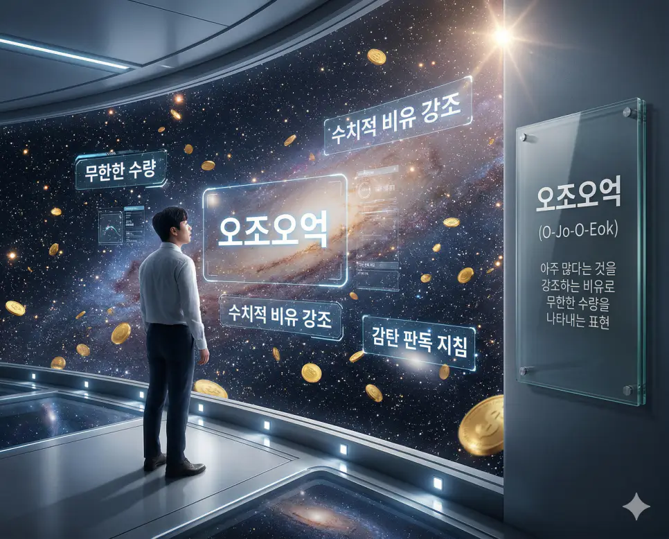 할말하않 뜻, 오조오억 뜻, 배사 뜻: 감정의 절제와 무한한 수량 및 디지털 대문 정리 2 오조오억 뜻을 통해 무한한 수량이나 감동을 강조하는 수치적 비유와 감탄 판독 지침을 실사 스타일로 시각화한 이미지