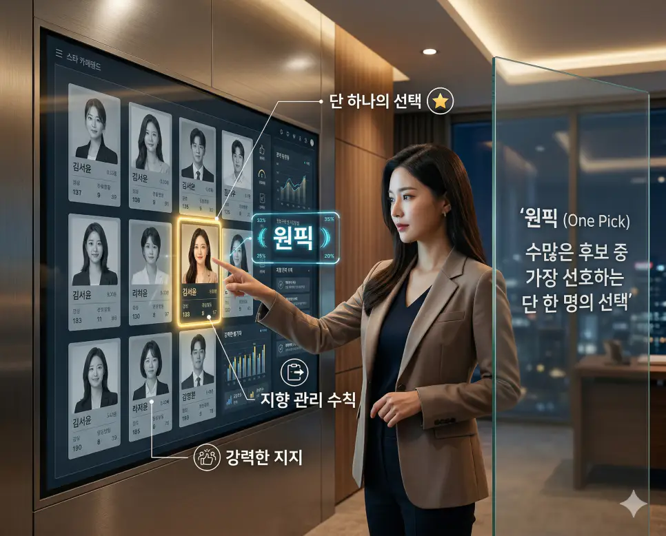 원픽 뜻, 총공 뜻, 원탑 뜻: 단 하나의 선택과 화력 지원 및 정점 완벽 정리 1 신조어 원픽 뜻을 통해 여러 후보 중 본인이 가장 선호하고 강력하게 지지하는 단 한 명을 지목하는 한국의 선택 문화를 실사 스타일로 시각화한 이미지