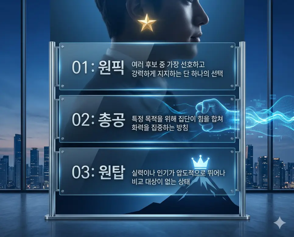 원픽 뜻, 총공 뜻, 원탑 뜻: 단 하나의 선택과 화력 지원 및 정점 완벽 정리 4 신조어 원픽, 총공, 원탑 뜻의 정의와 단 하나의 선택, 화력 지원, 압도적 일인자의 핵심 내용을 정리한 영화 포스터 스타일 인포그래픽
