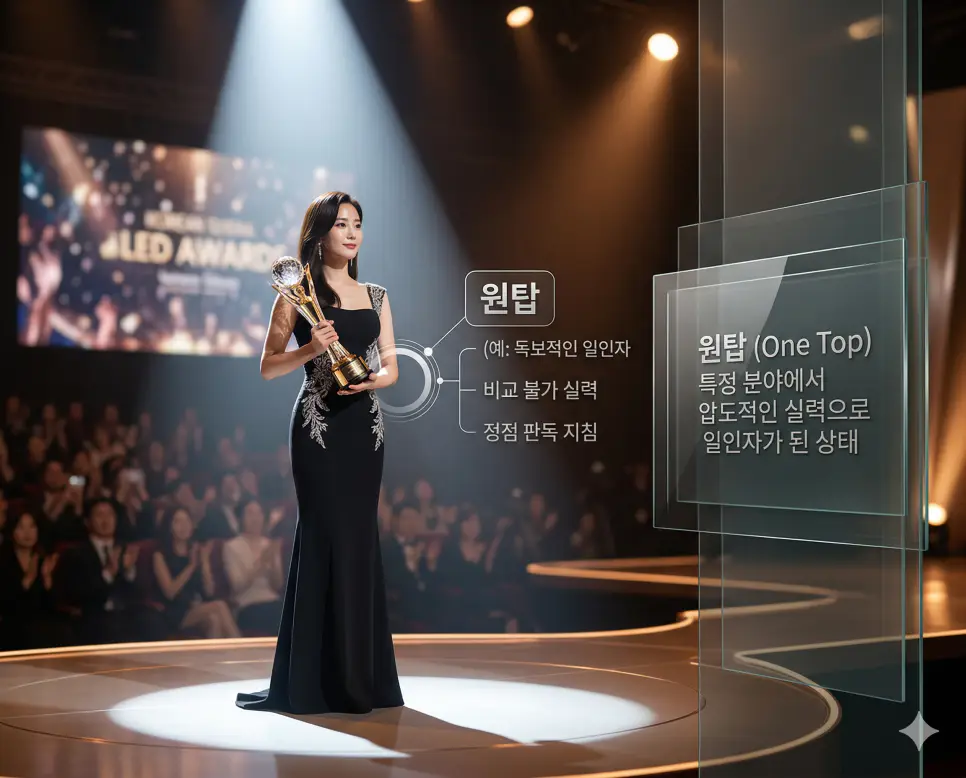 원픽 뜻, 총공 뜻, 원탑 뜻: 단 하나의 선택과 화력 지원 및 정점 완벽 정리 3 신조어 원탑 뜻을 통해 특정 분야에서 압도적인 실력과 인기로 독보적인 일인자가 된 상태를 한국의 정점 판독 문화로 시각화한 실사 이미지