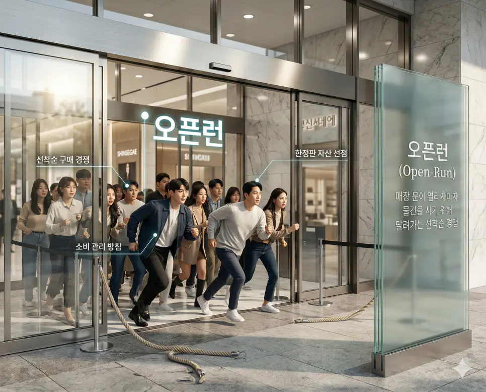 빤스런 뜻, 오픈런 뜻, 갑질 뜻: 불명예스러운 도주와 선착순 구매 및 권력 남용 정리 2 오픈런 뜻을 통해 매장 문이 열리자마자 한정판 물건을 사기 위해 달려가는 선착순 구매 경쟁을 시각화한 실사 이미지