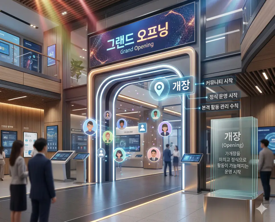 개장 뜻을 통해 가개장 준비 기간을 마치고 커뮤니티 운영과 활동이 본격적으로 시작되는 모습을 한국의 운영 관리 수칙으로 시각화한 실사 이미지