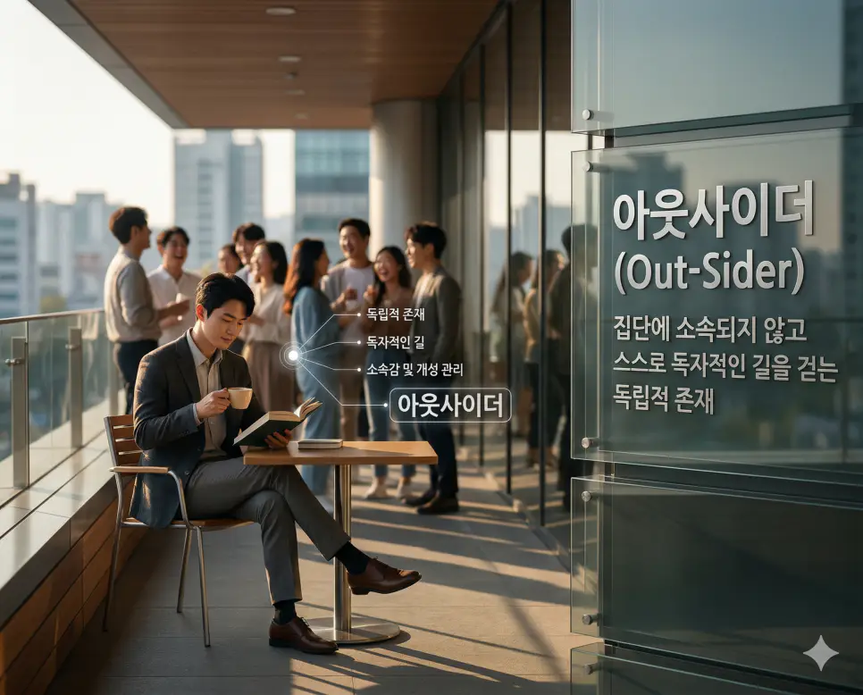 쉴드 뜻, 쌉가능 뜻, 아웃사이더 뜻: 방어와 옹호 및 무한한 확신과 독립적 존재 정리 3 아웃사이더 뜻을 통해 집단에 소속되지 않고 스스로 독자적인 길을 걷는 독립적 존재와 개성을 시각화한 한국의 도시 실사 이미지