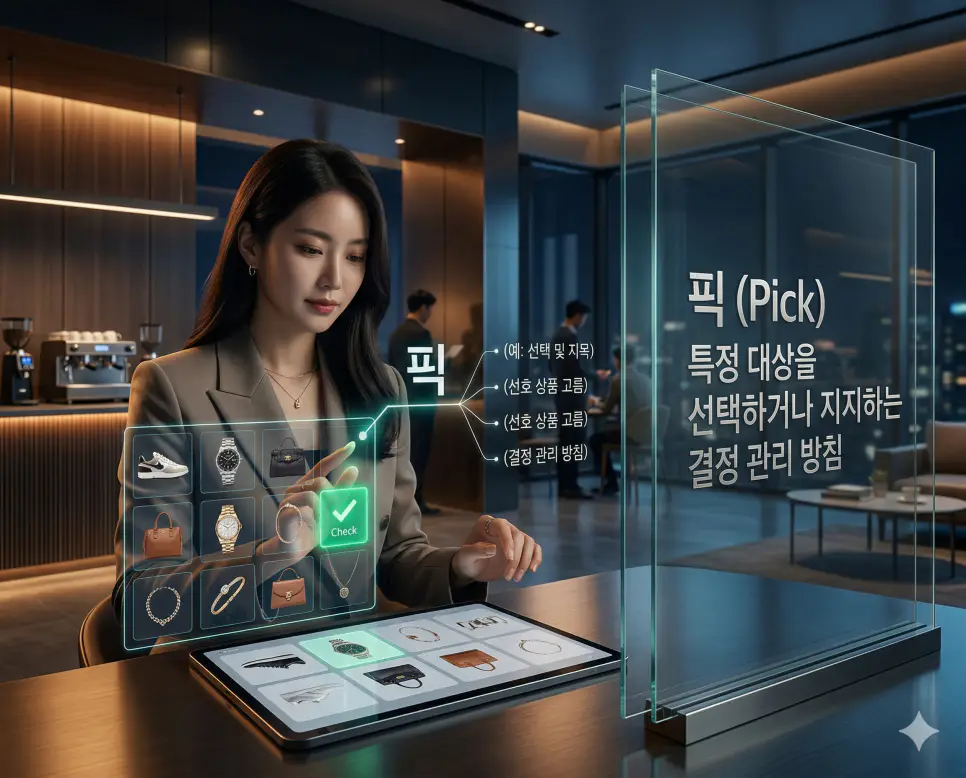 특정 대상을 선택하거나 선호하는 대상을 지목하는 한국의 결정 관리 문화를 사실적으로 시각화한 실사 이미지