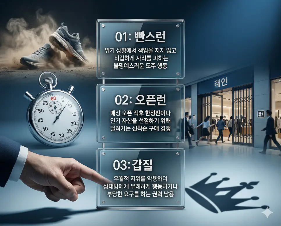 빤스런 뜻, 오픈런 뜻, 갑질 뜻: 불명예스러운 도주와 선착순 구매 및 권력 남용 정리 4 빤스런, 오픈런, 갑질 뜻의 정의와 불명예스러운 도주, 선착순 구매 경쟁, 고압적 권력 남용의 핵심 내용을 정리한 영화 포스터 스타일 인포그래픽