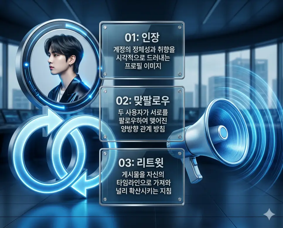 인장, 맞팔로우, 리트윗 뜻의 정의와 프로필 정체성, 상호 구독, 정보 확산의 핵심 내용을 정리한 영화 포스터 스타일 인포그래픽