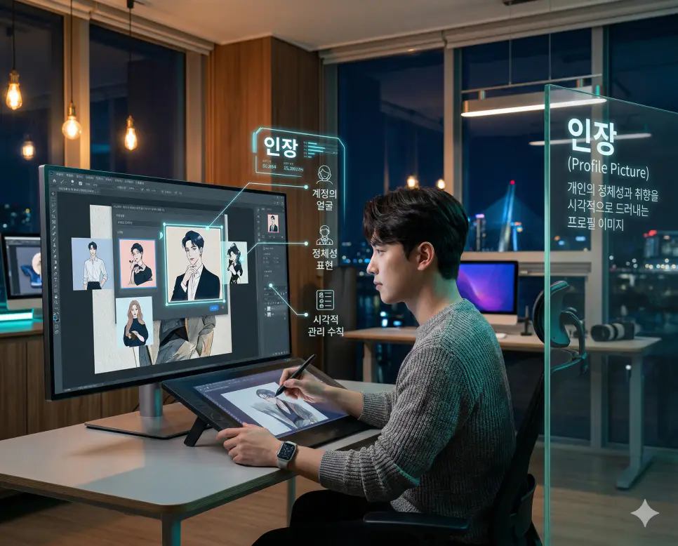 인장 뜻을 통해 계정의 얼굴이자 개인의 정체성을 시각적으로 드러내는 프로필 이미지 관리 문화를 실사 스타일로 시각화한 이미지
