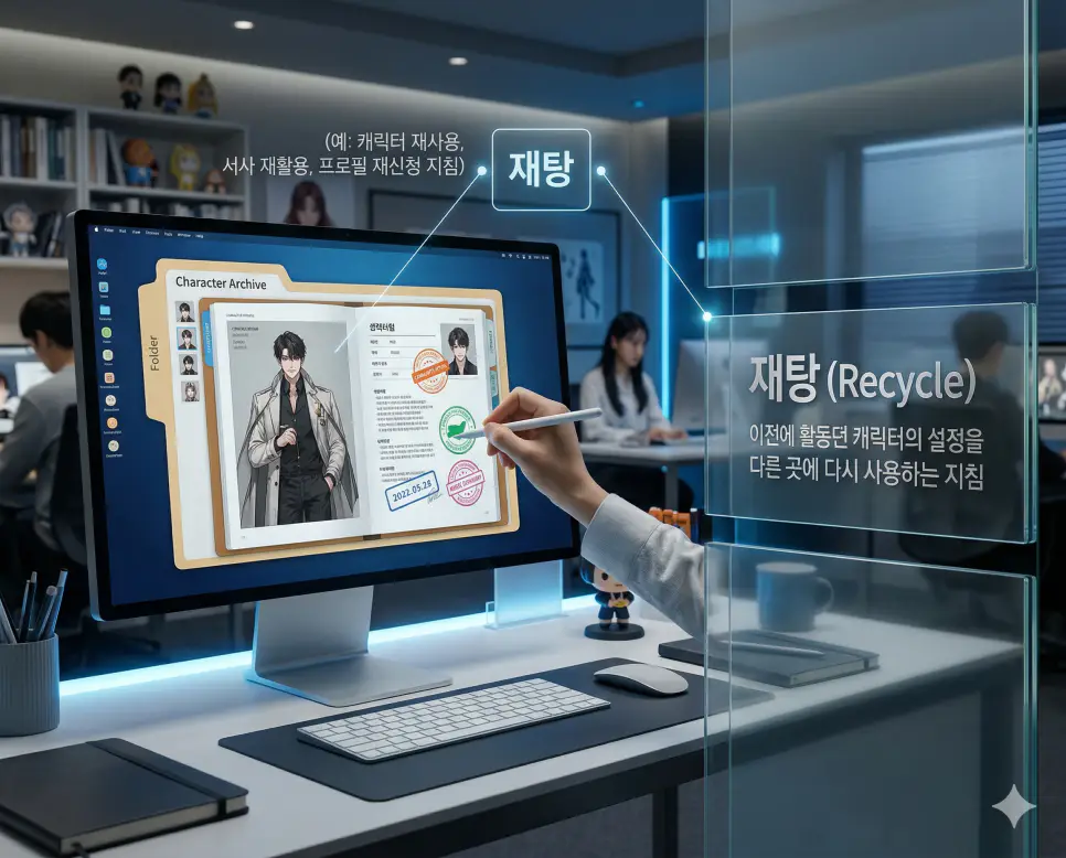 일상 뜻, 애프터 뜻, 재탕 뜻: 평범한 소통과 엔딩 후 관계 및 서사 재활용 완벽 정리 3 재탕 뜻을 통해 이전에 활동했던 캐릭터의 설정을 다른 곳에 다시 사용하여 새로운 서사를 시작하는 한국의 서사 재활용 판독 지침을 시각화한 실사 이미지