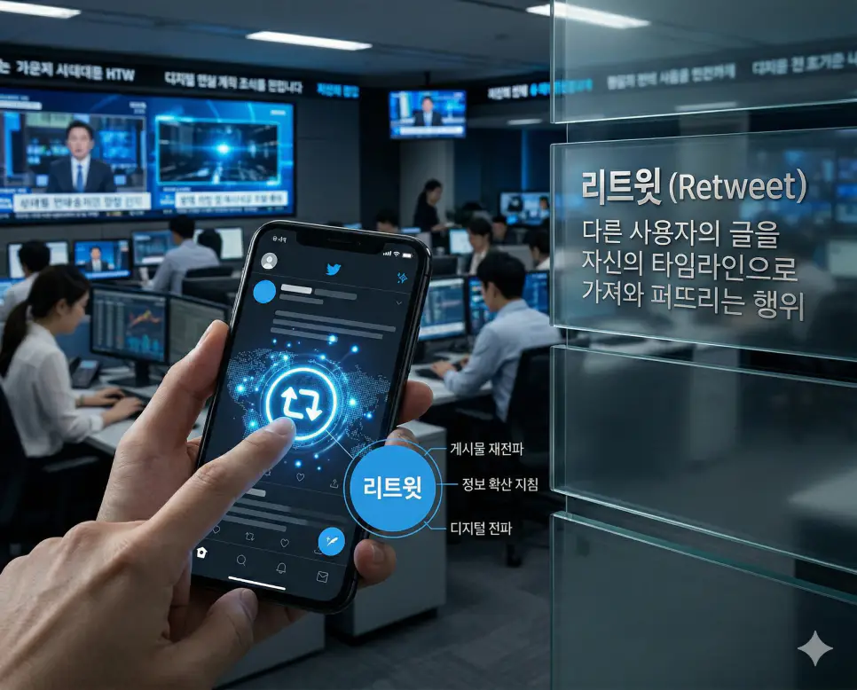 리트윗 뜻을 통해 게시물을 자신의 타임라인으로 가져와 정보와 소식을 널리 확산시키는 디지털 전파 지침을 시각화한 실사 이미지