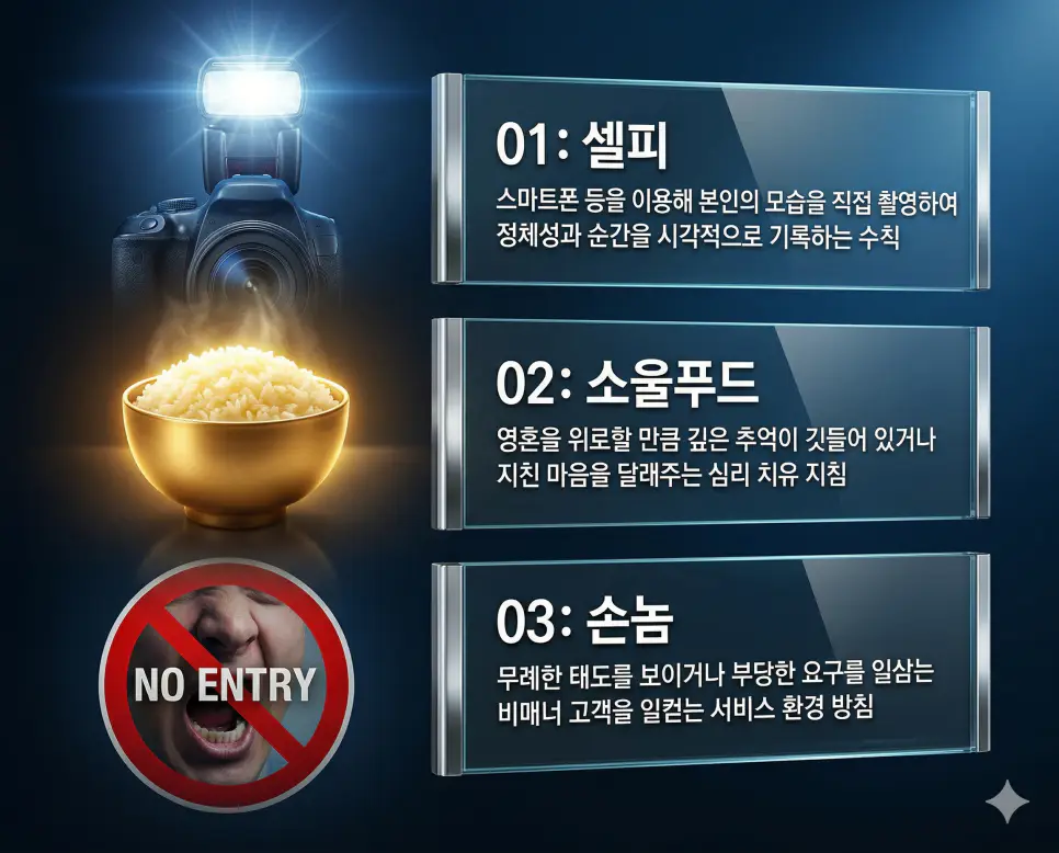 셀피 뜻, 소울푸드 뜻, 손놈 뜻: 자아 기록과 정서적 위로 및 비매너 고객 완벽 정리 4 셀피, 소울푸드, 손놈 뜻의 정의와 자아 기록 행위, 정서적 허기 해소, 비매너 고객 지침의 핵심 내용을 정리한 영화 포스터 스타일 인포그래픽