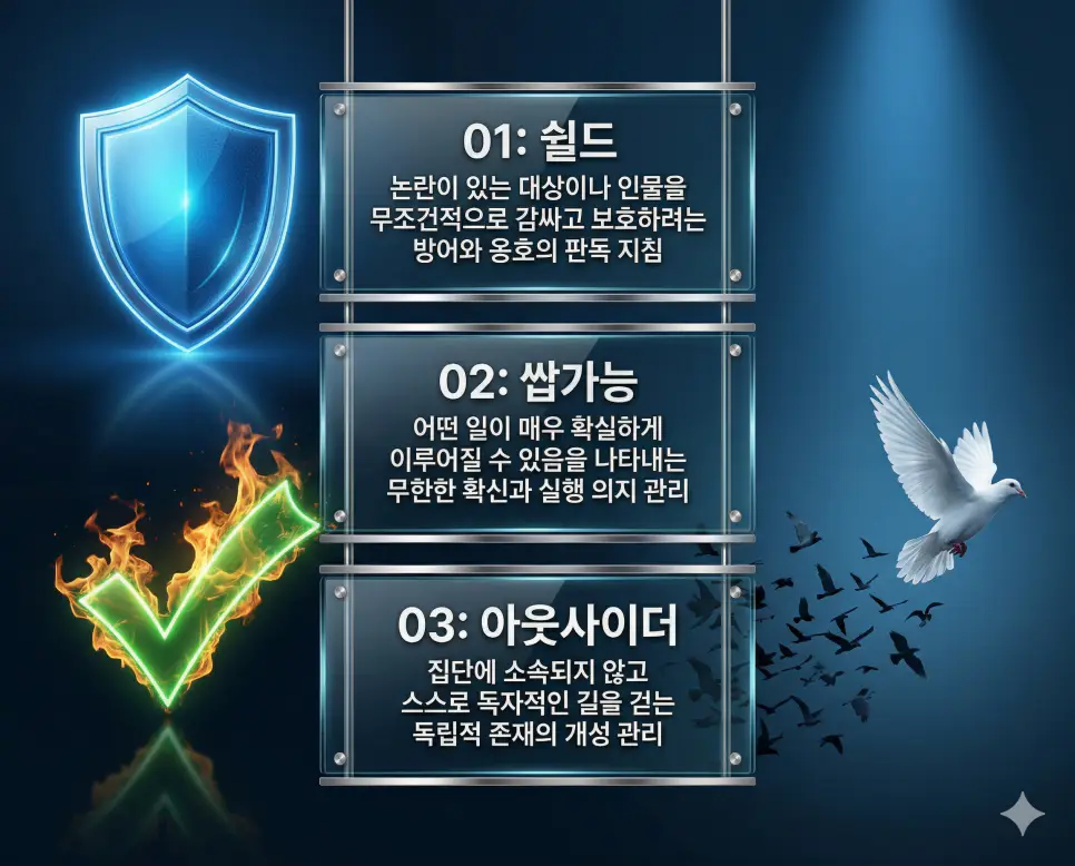 쉴드 뜻, 쌉가능 뜻, 아웃사이더 뜻: 방어와 옹호 및 무한한 확신과 독립적 존재 정리 4 쉴드, 쌉가능, 아웃사이더 뜻의 정의와 방어와 옹호, 무한한 확신, 독립적 존재 핵심 내용을 정리한 영화 포스터 스타일 인포그래픽