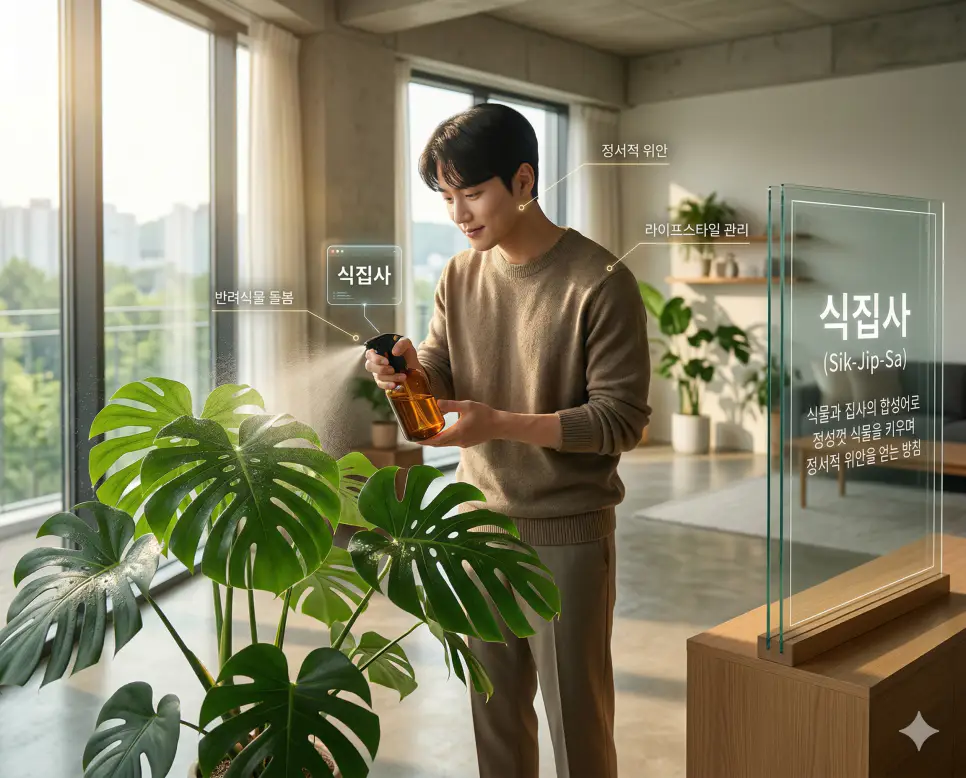 식집사 뜻, 심쿵 뜻, 스몸비 뜻: 반려식물 돌봄과 감정적 전율 및 보행 안전 위기 정리 1 식집사 뜻을 통해 정성껏 식물을 키우며 정서적 위안을 얻는 라이프스타일 관리 방침을 시각화한 한국의 주거 공간 실사 이미지