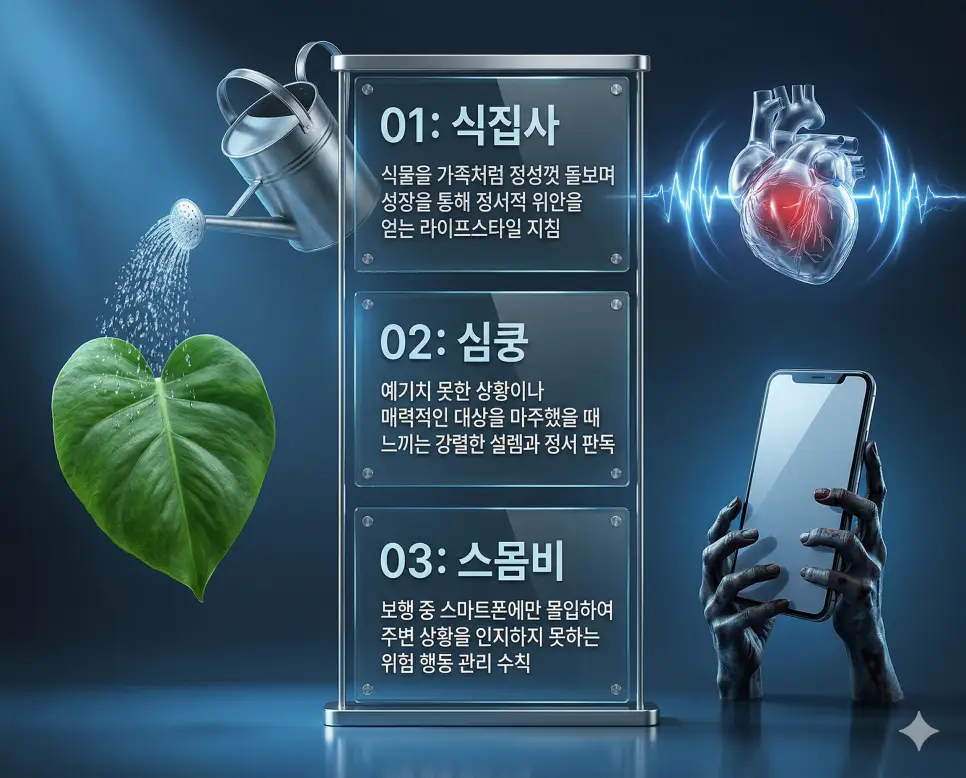 식집사 뜻, 심쿵 뜻, 스몸비 뜻: 반려식물 돌봄과 감정적 전율 및 보행 안전 위기 정리 4 식집사, 심쿵, 스몸비 뜻의 정의와 반려식물 돌봄, 감정적 전율, 보행 안전 위기 핵심 내용을 정리한 영화 포스터 스타일 인포그래픽