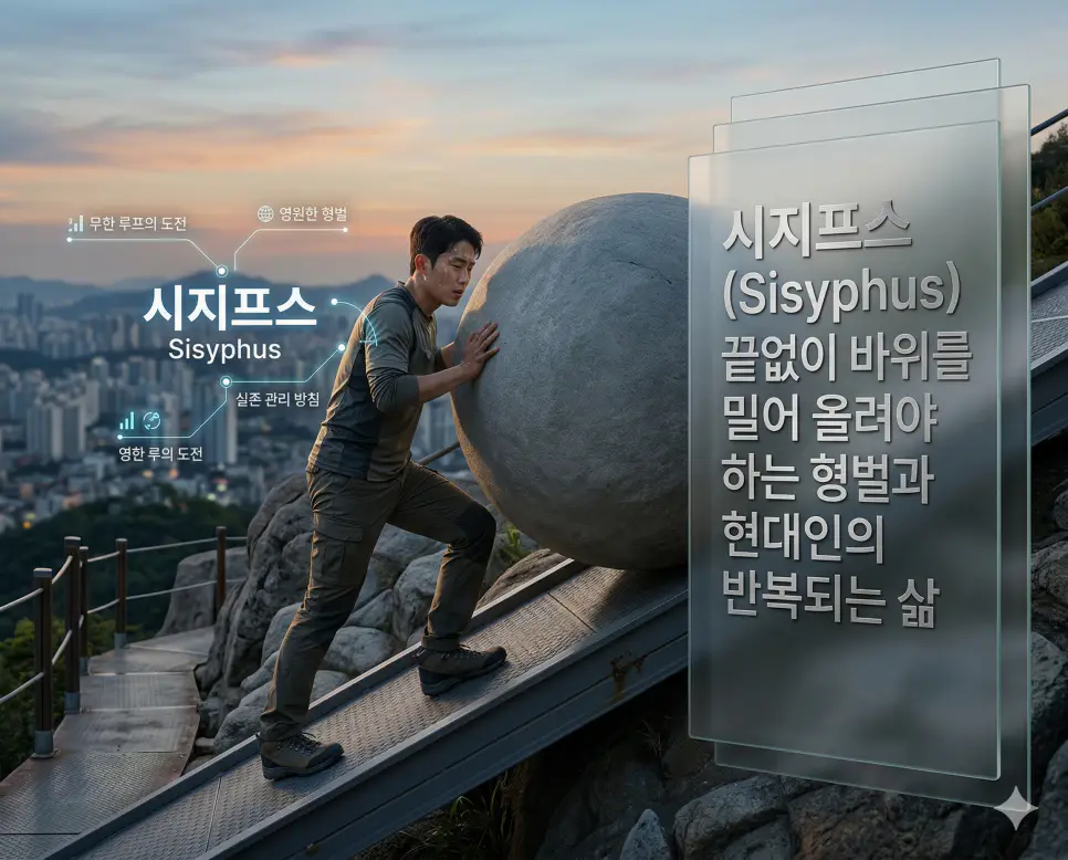 휴브리스 뜻, 네메시스 뜻, 시지프스 뜻: 오만의 비극과 인과응보 및 무한 루프 정리 3 시지프스 뜻을 통해 무한히 반복되는 고된 삶의 도전과 그 안의 의미를 판독하는 실존 관리 방침을 시각화한 실사 이미지
