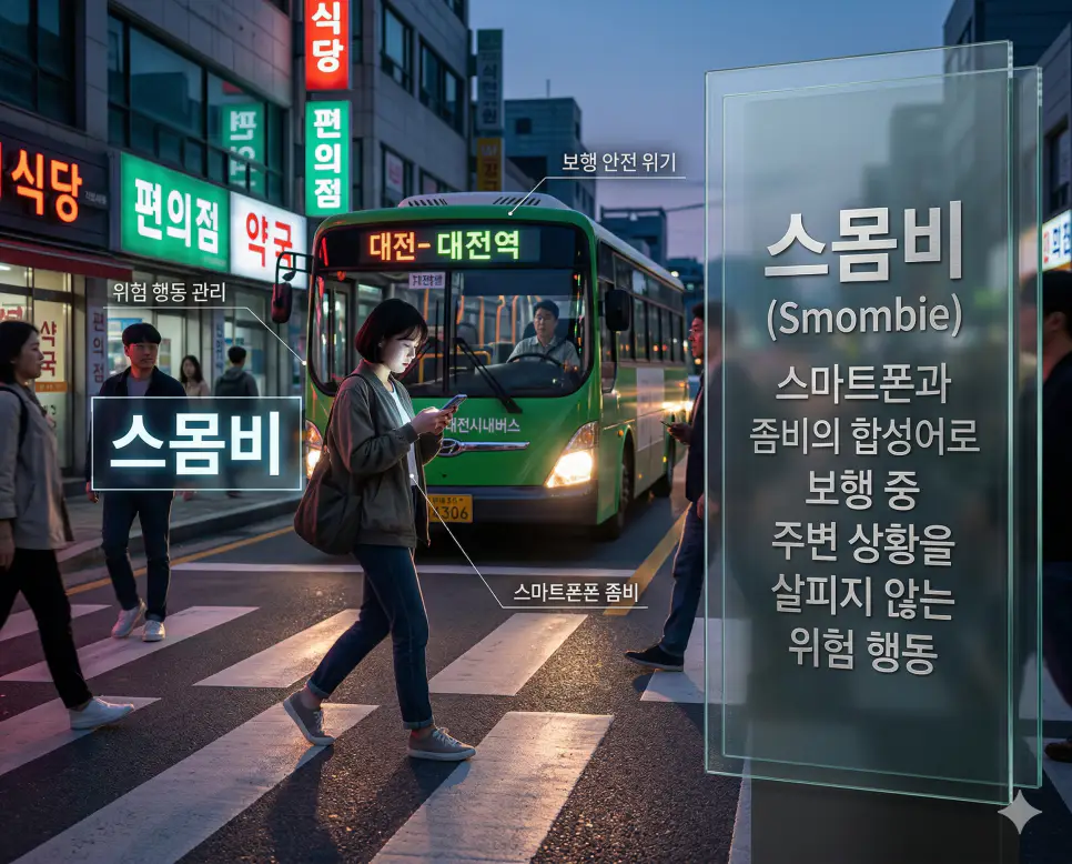 식집사 뜻, 심쿵 뜻, 스몸비 뜻: 반려식물 돌봄과 감정적 전율 및 보행 안전 위기 정리 3 스몸비 뜻을 통해 스마트폰에만 몰입하여 주변 상황을 살피지 못하는 보행 중 위험 행동 관리 수칙을 시각화한 실사 이미지