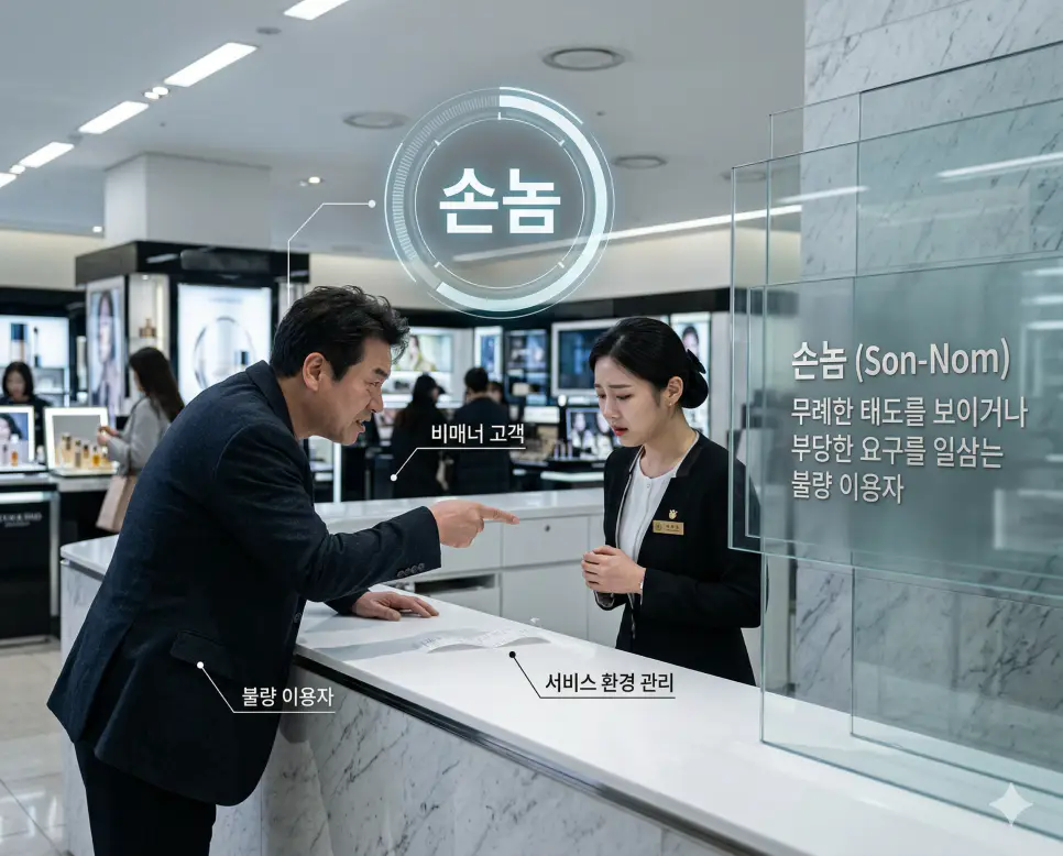 셀피 뜻, 소울푸드 뜻, 손놈 뜻: 자아 기록과 정서적 위로 및 비매너 고객 완벽 정리 3 손놈 뜻을 통해 무례한 태도를 보이거나 부당한 요구를 하는 비매너 고객 관리 방침을 시각화한 한국의 서비스 현장 실사 이미지