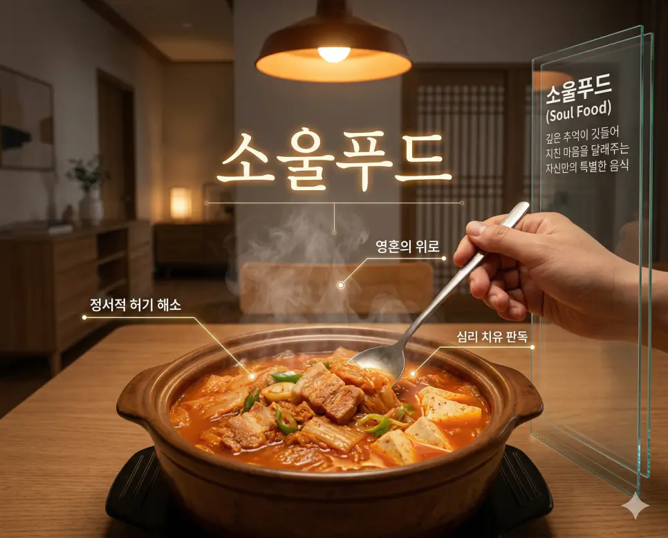 셀피 뜻, 소울푸드 뜻, 손놈 뜻: 자아 기록과 정서적 위로 및 비매너 고객 완벽 정리 2 소울푸드 뜻을 통해 깊은 추억이 깃들어 지친 마음을 달래주는 심리 치유 판독 지침을 시각화한 한국의 집밥 실사 이미지