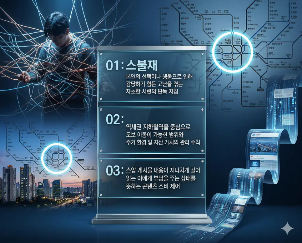 스불재 뜻, 역세권 뜻, 스압 뜻: 자초한 시련과 초근접 편의 및 정보 과잉 경계 정리 4 스불재, 역세권, 스압 뜻의 정의와 자초한 시련, 초근접 편의, 정보 과잉 경계 핵심 내용을 정리한 영화 포스터 스타일 인포그래픽