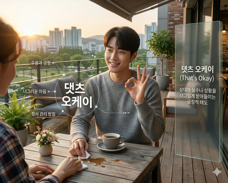 댓츠 오케이 뜻을 통해 상대의 실수나 상황을 너그럽게 받아들이고 수용하는 한국의 정서 관리 방침을 실사 스타일로 시각화한 이미지