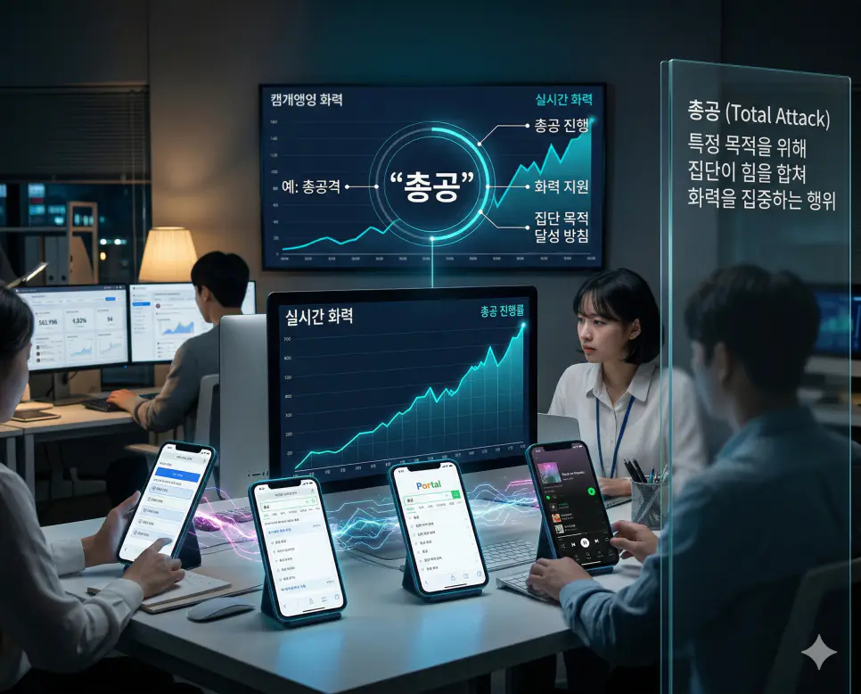 원픽 뜻, 총공 뜻, 원탑 뜻: 단 하나의 선택과 화력 지원 및 정점 완벽 정리 2 신조어 총공 뜻을 통해 특정 목적 달성을 위해 집단이 화력을 집중하여 투표나 검색 순위를 올리는 한국의 팬덤 문화를 실사 스타일로 시각화한 이미지