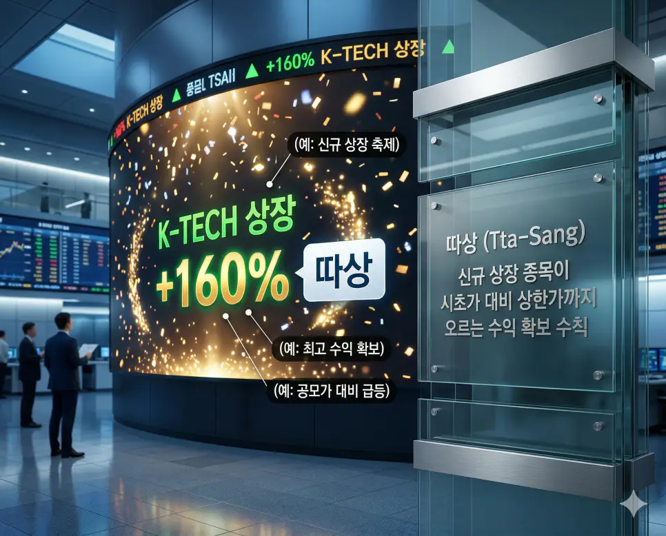 떡락 뜻, 떡상 뜻, 따상 뜻: 수직 하강과 급격한 상승 및 신규 상장 수익 완벽 정리 3 따상 뜻을 통해 신규 상장 종목이 최고 수준의 수익을 확보하는 축제 같은 상황을 시각화한 한국의 증시 문화 실사 이미지