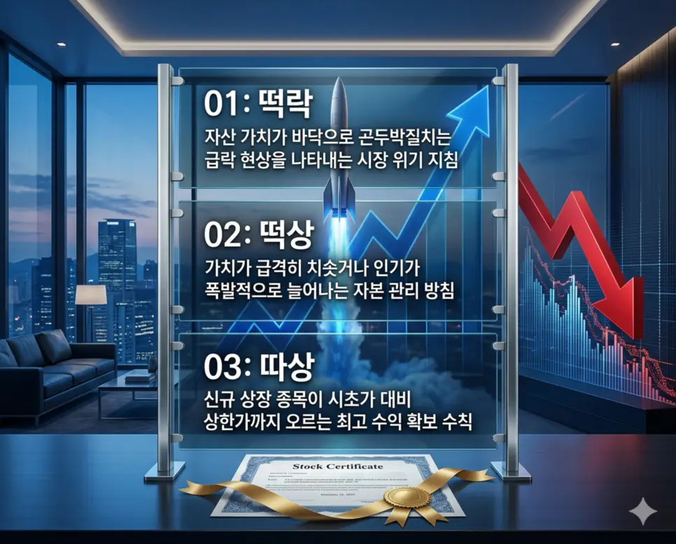 떡락 뜻, 떡상 뜻, 따상 뜻: 수직 하강과 급격한 상승 및 신규 상장 수익 완벽 정리 4 떡락, 떡상, 따상 뜻의 정의와 수직 하강 현상, 수직 상승 상태, 신규 상장 수익 확보의 핵심 내용을 정리한 영화 포스터 스타일 인포그래픽
