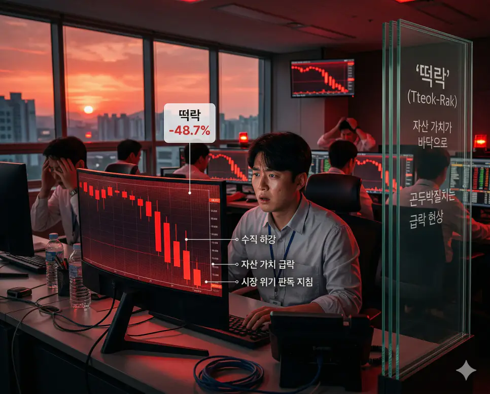 떡락 뜻, 떡상 뜻, 따상 뜻: 수직 하강과 급격한 상승 및 신규 상장 수익 완벽 정리 1 떡락 뜻을 통해 자산 가치가 바닥으로 곤두박질치는 시장 위기 상황을 시각화한 한국의 투자 트렌드 실사 이미지