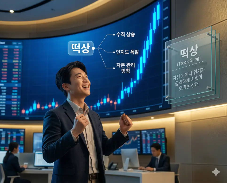 떡락 뜻, 떡상 뜻, 따상 뜻: 수직 하강과 급격한 상승 및 신규 상장 수익 완벽 정리 2 떡상 뜻을 통해 가치가 급격하게 치솟아 오르거나 인기가 폭발적으로 늘어나는 자본 및 인지도 관리 방침을 시각화한 실사 이미지
