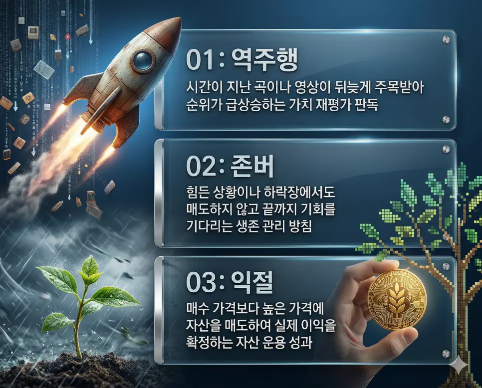 역주행 뜻, 존버 뜻, 익절 뜻: 차트의 재발견과 극한의 인내 및 수익 확정 정리 4 역주행, 존버, 익절 뜻의 정의와 차트의 재발견, 극한의 인내, 수익의 확정 핵심 내용을 정리한 영화 포스터 스타일 인포그래픽
