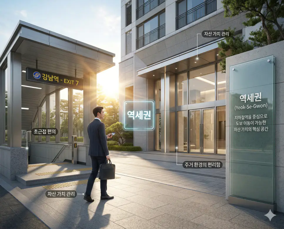 스불재 뜻, 역세권 뜻, 스압 뜻: 자초한 시련과 초근접 편의 및 정보 과잉 경계 정리 2 역세권 뜻을 통해 지하철역 근처의 편리함과 자산 가치를 결정하는 핵심 공간 관리 수칙을 시각화한 한국의 주거 환경 실사 이미지