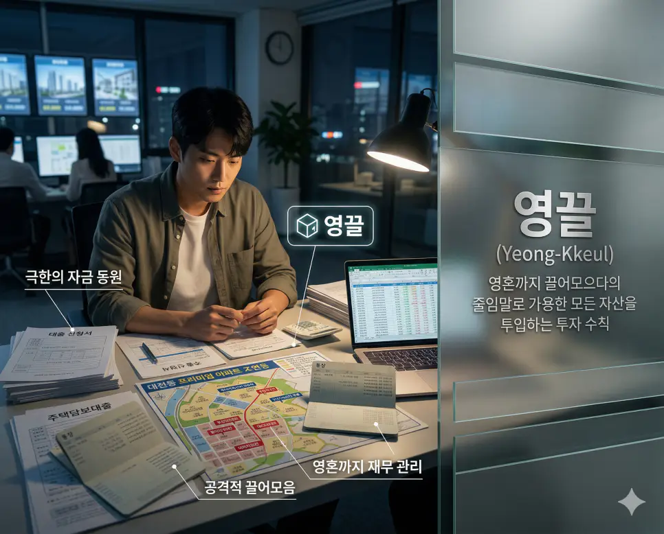 줄먹 뜻, 손절 뜻, 영끌 뜻: 적시 수익 확보와 결단력 있는 포기 및 극한 자금 동원 정리 3 영끌 뜻을 통해 가용한 모든 대출과 자산을 투입하여 공격적으로 투자하는 재무 관리 수칙을 시각화한 한국의 부동산 투자 실사 이미지