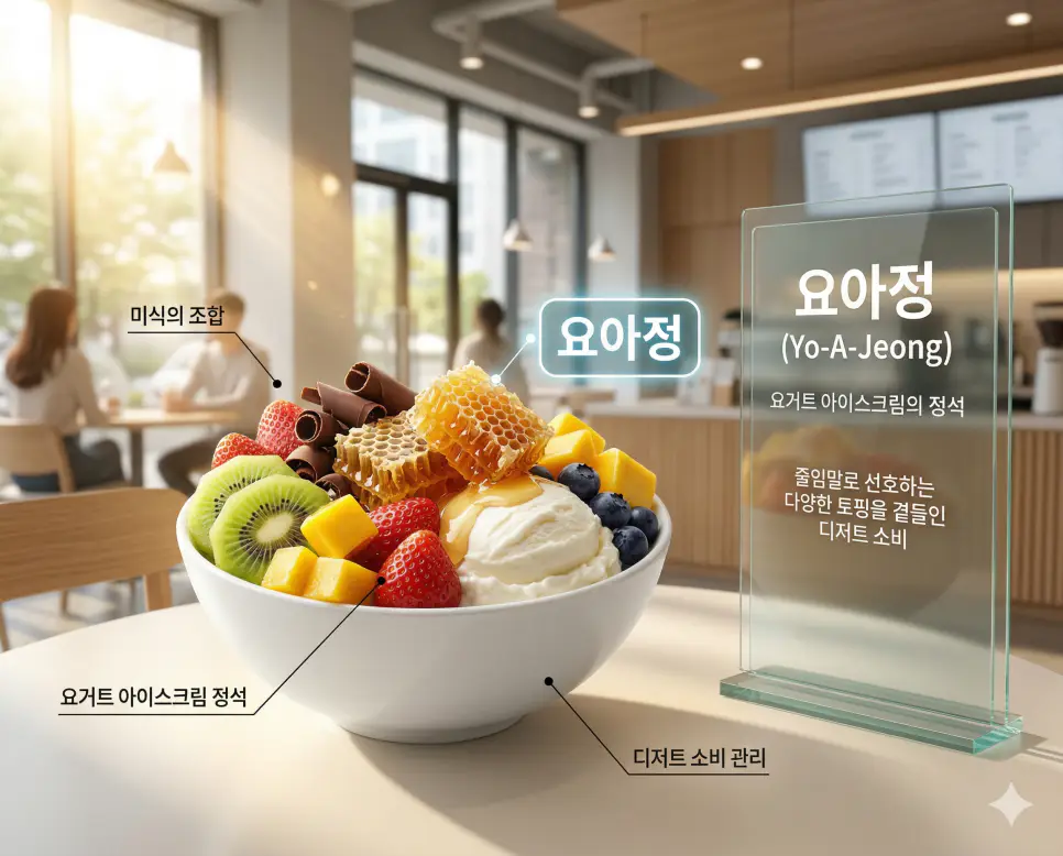 듣보 뜻, 요아정 뜻, 짤 뜻: 인지도 결여와 미식의 조합 및 시각적 소통 정리 2 요아정 뜻을 통해 요거트 아이스크림에 다양한 토핑을 곁들인 미식의 조합과 디저트 소비 관리 방침을 시각화한 실사 이미지