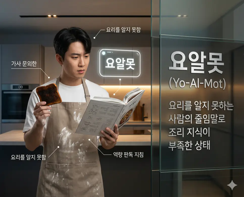 악플 뜻, 대댓글 뜻, 요알못 뜻: 디지털 폭력과 소통의 확장 및 가사 문외한 완벽 정리 3 요알못 뜻을 통해 조리법이나 요리 전반에 대한 지식이 부족한 상태를 나타내는 역량 판독 지침을 시각화한 한국의 주방 실사 이미지