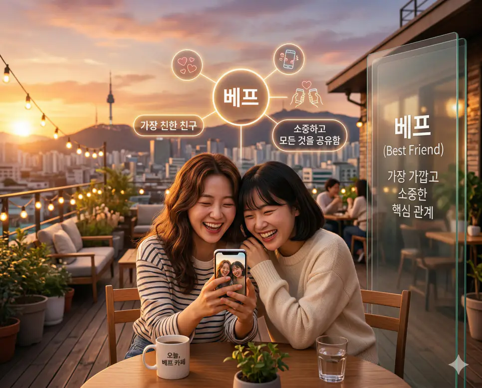 신조어 베프(Best Friend)를 통해 가장 가깝고 소중하며 모든 것을 공유할 수 있는 한국의 깊은 우정 관계를 시각화한 이미지